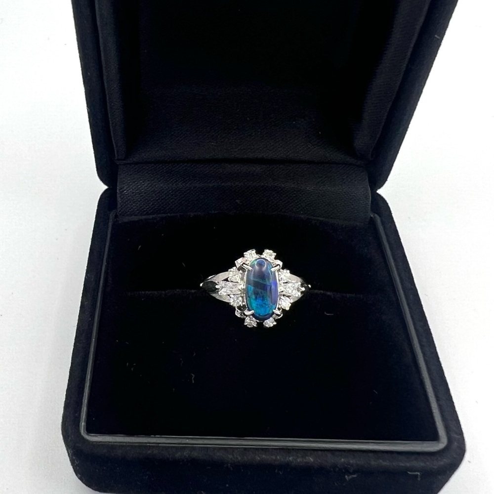 Black Opal with Diamonds set in Platinum Ring